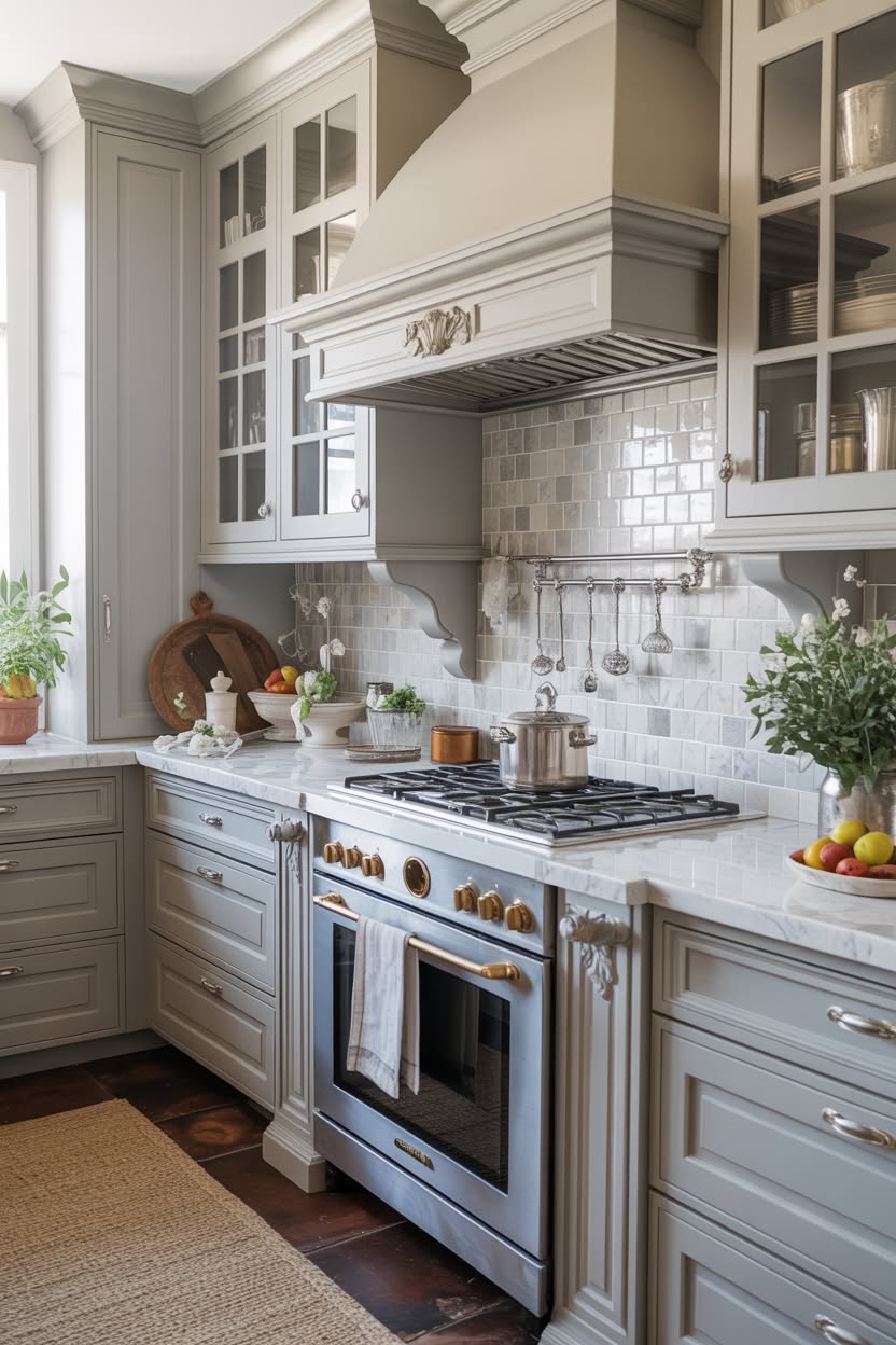 gray and white kitchen with glass front cabinets and subway tile