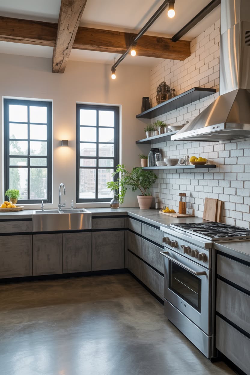 dark charcoal kitchen with built in wine fridge and brass hardware