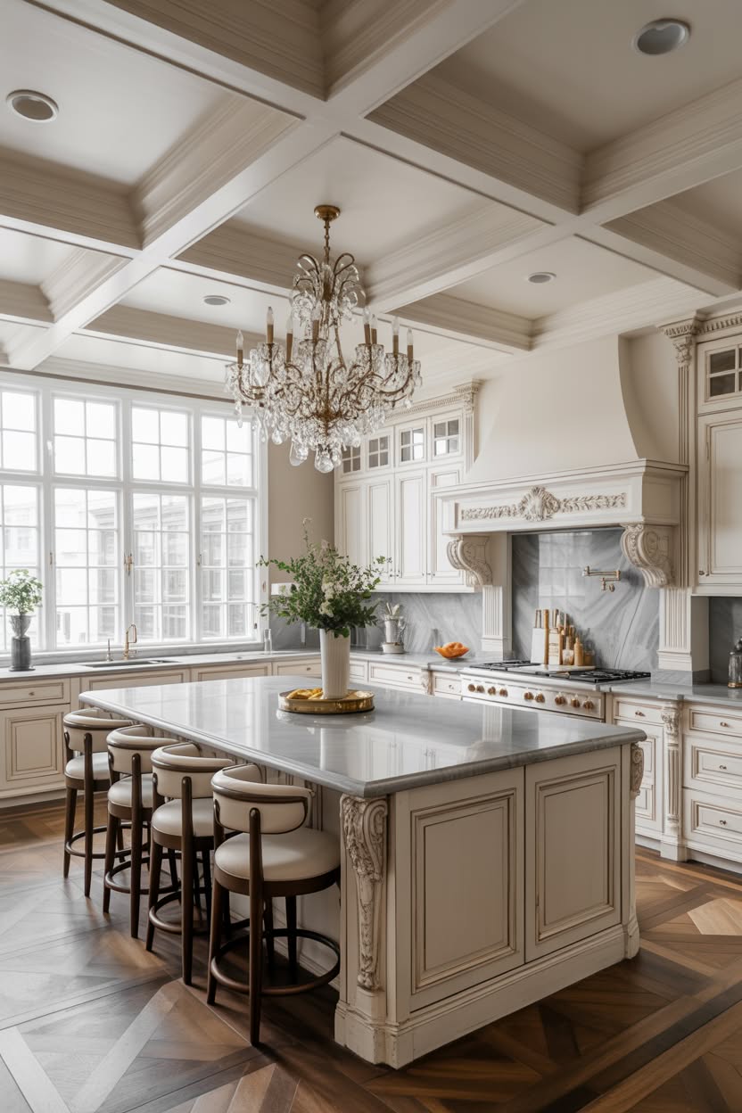 white kitchen with coffered ceiling and crystal chandelier