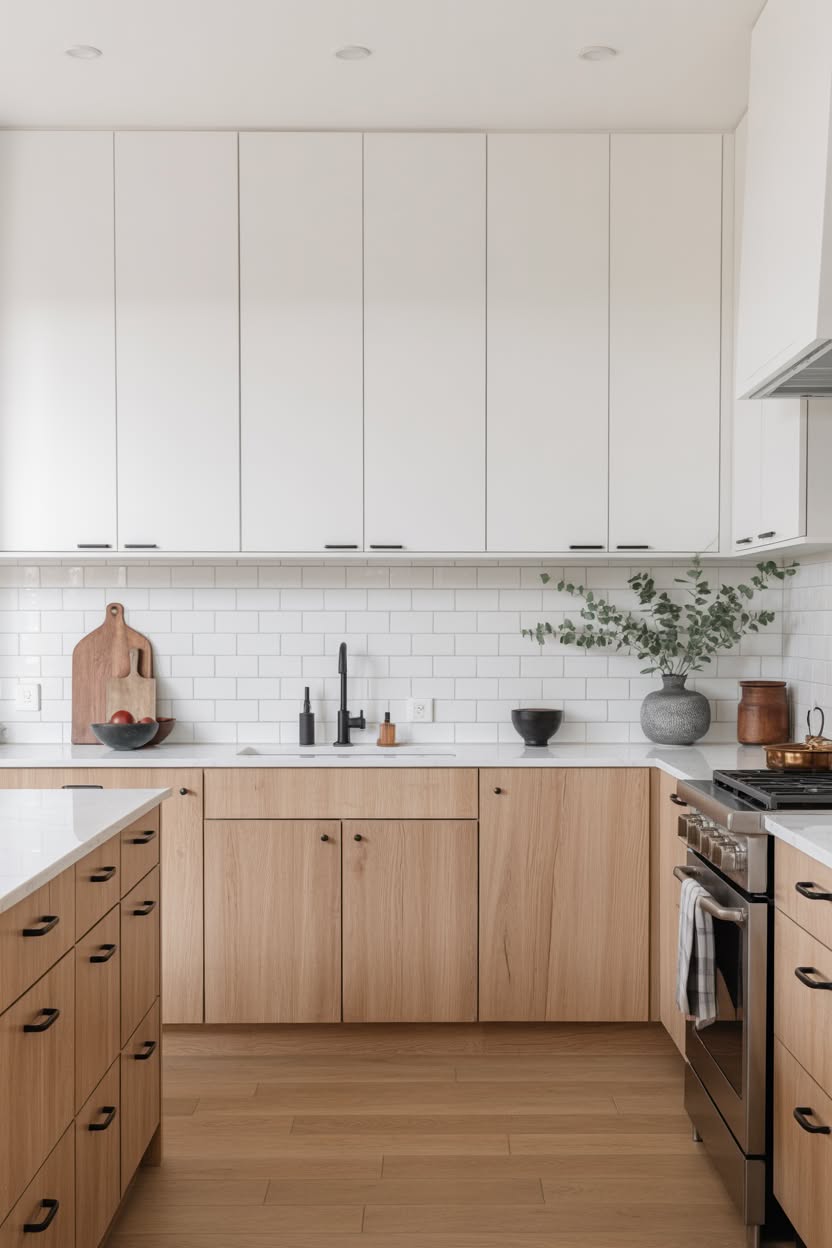 modern kitchen with white upper cabinets and light wood lower cabinets
