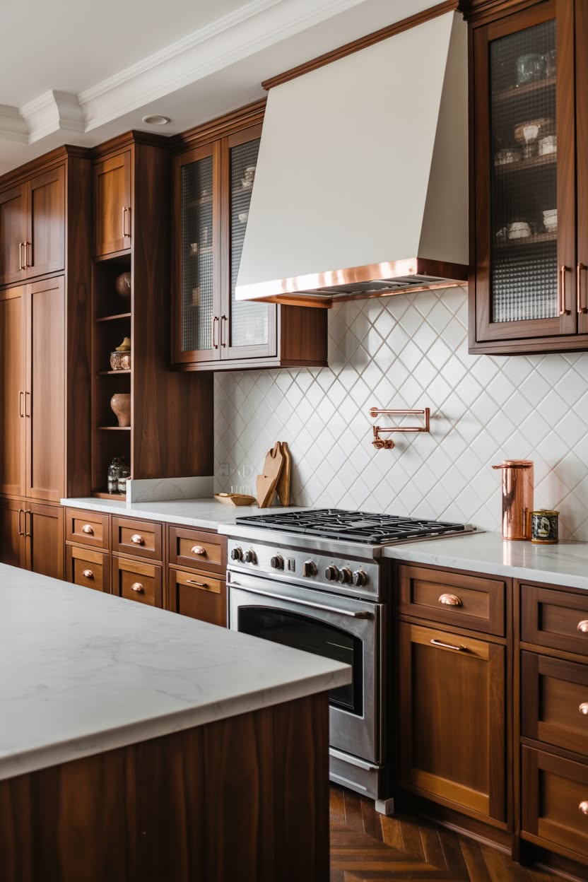 white farmhouse kitchen with dark wood island and metal pendant lights