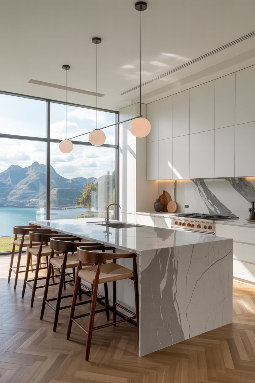 modern elegant kitchen with floor to ceiling windows and marble waterfall island