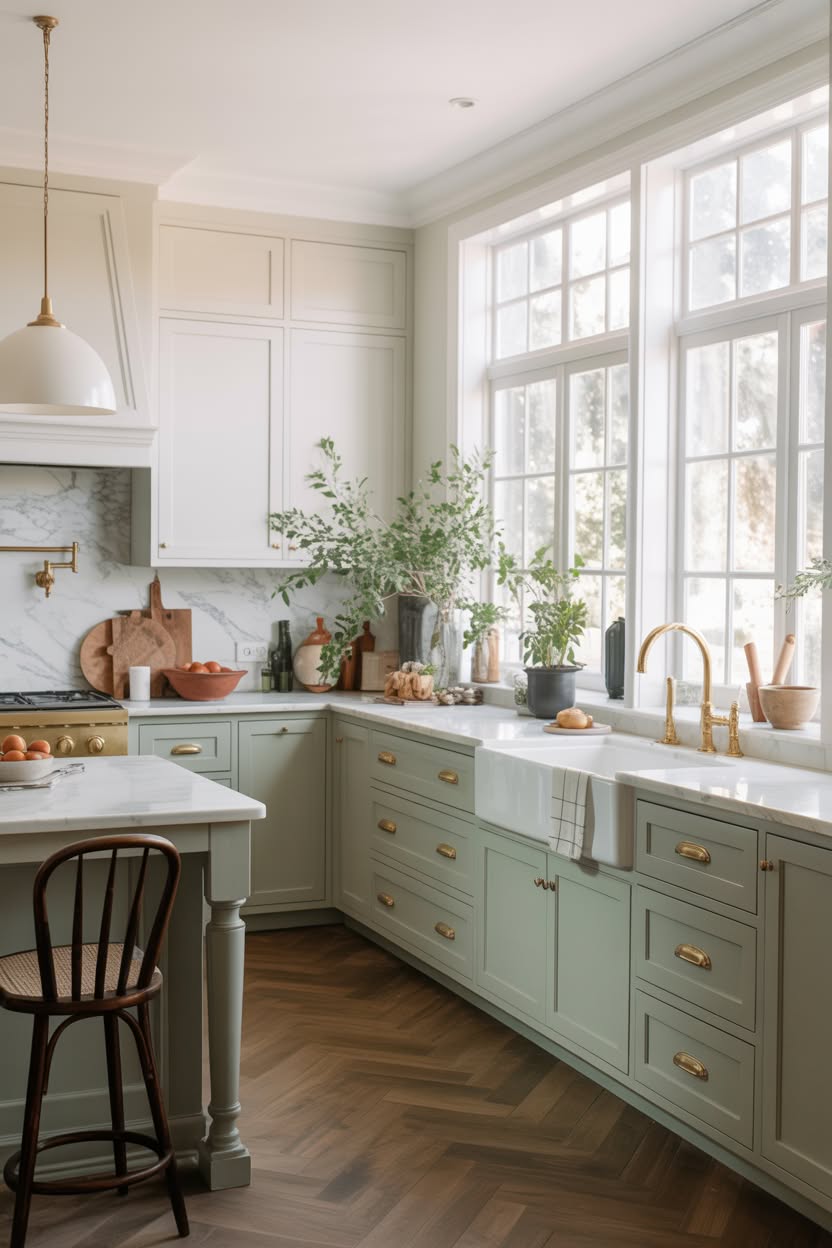 beige modern kitchen with handleless cabinets and linear pendant light