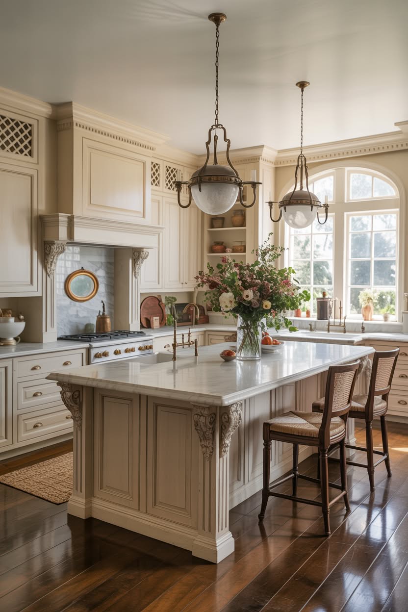 black kitchen cabinets with gold range hood and white subway tile