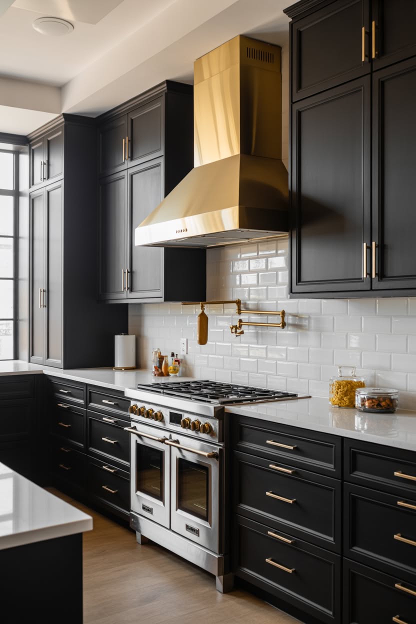 sage green kitchen cabinets with brass fixtures and farmhouse sink