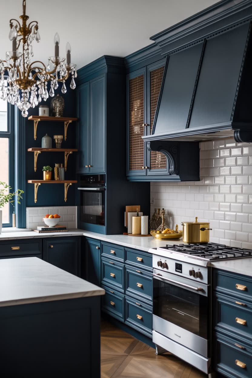 navy blue kitchen with crystal chandelier and brass hardware