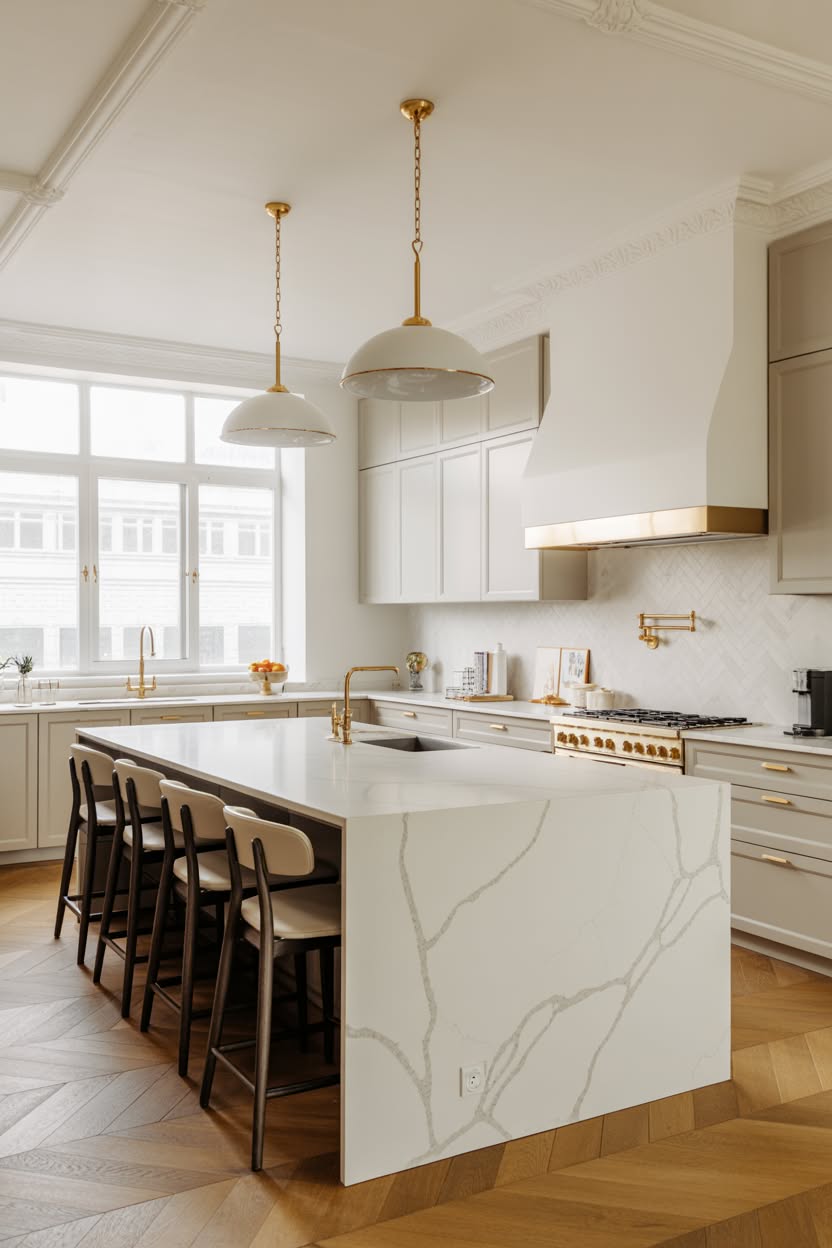 cream kitchen with marble waterfall island and brass pendant lights