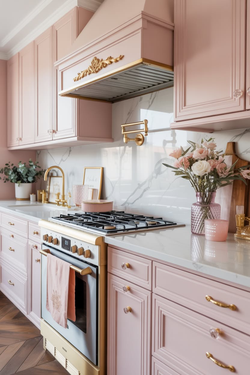 pink kitchen cabinets with gold hardware and marble backsplash
