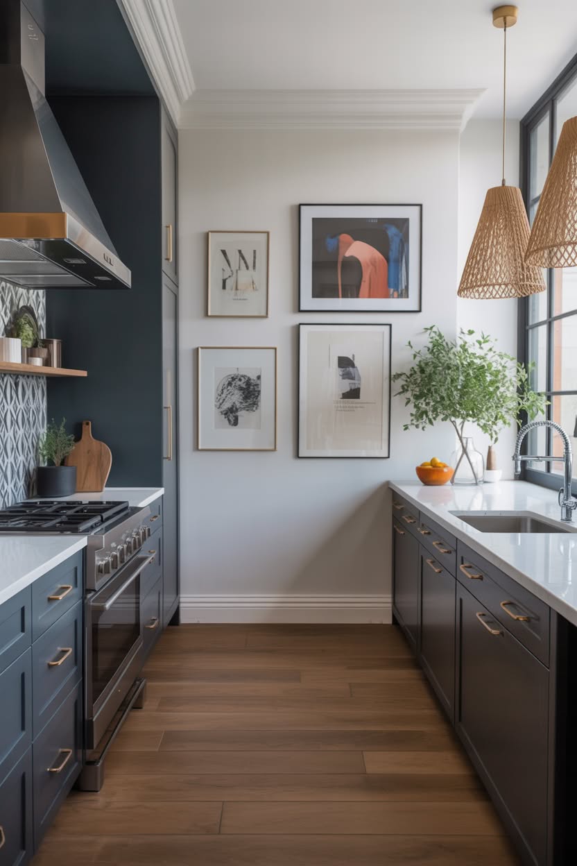 narrow galley kitchen with dark cabinets and gallery wall art
