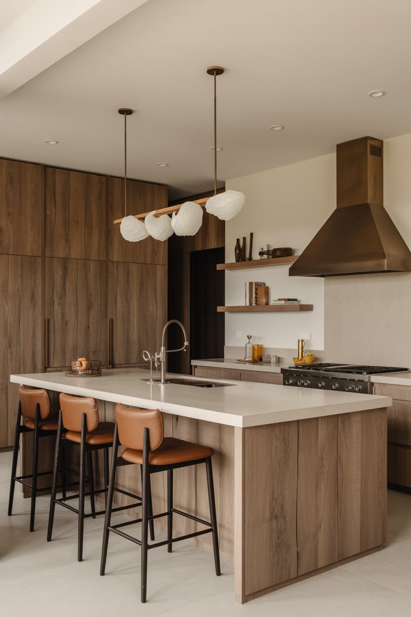 modern kitchen with natural wood cabinets and sculptural white pendant lights