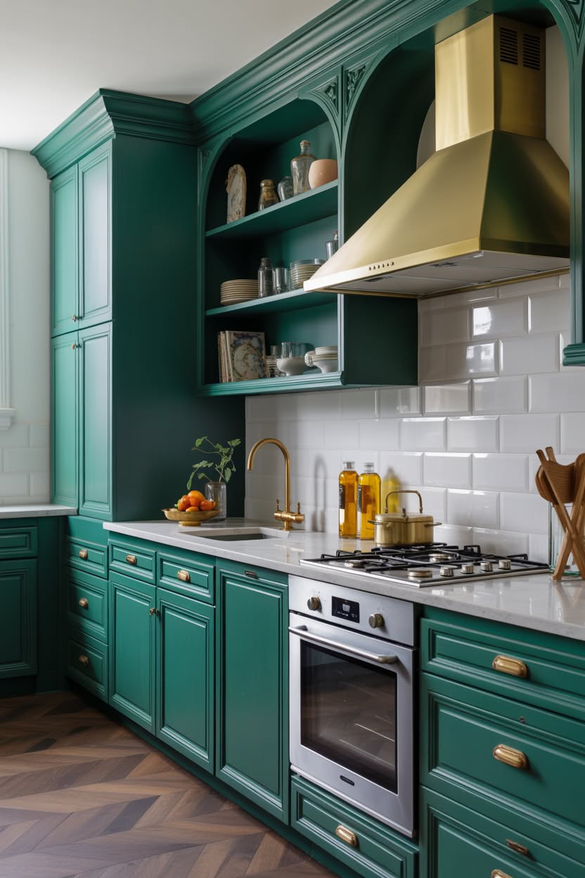 emerald green kitchen cabinets with brass range hood and white subway tile