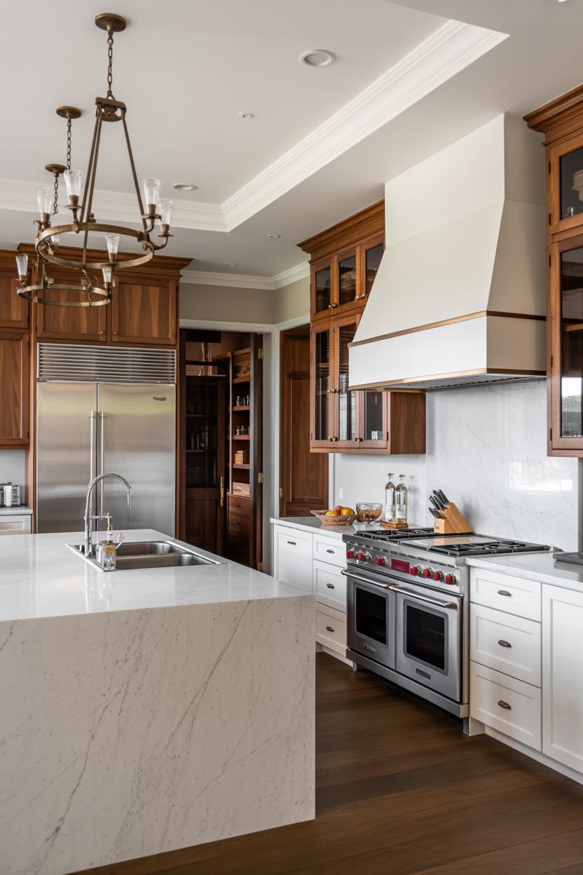 traditional kitchen with dark wood cabinets and white custom range hood
