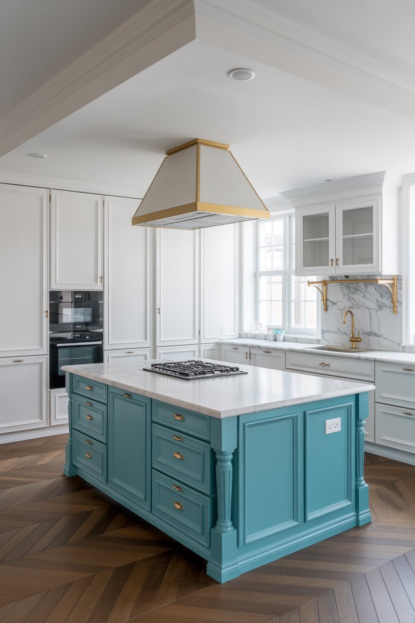 sage green kitchen island with white perimeter cabinets and brass hood