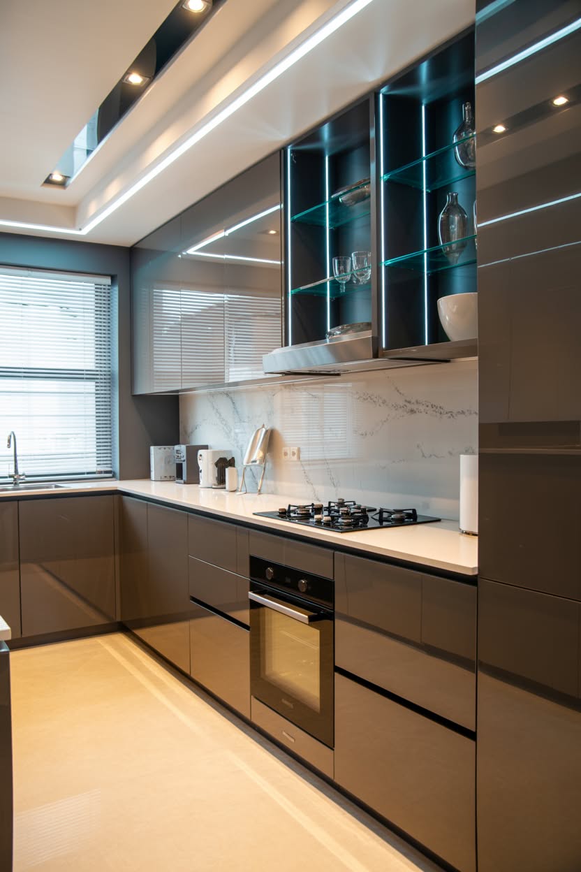 modern kitchen with gray cabinets and LED strip lighting in glass cabinets