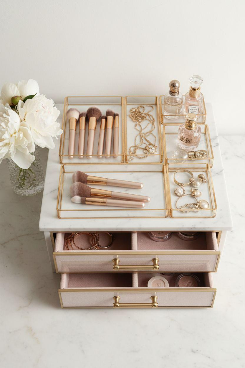 Vanity Ideas Bedroom - lucite organizer trays on marble vanity