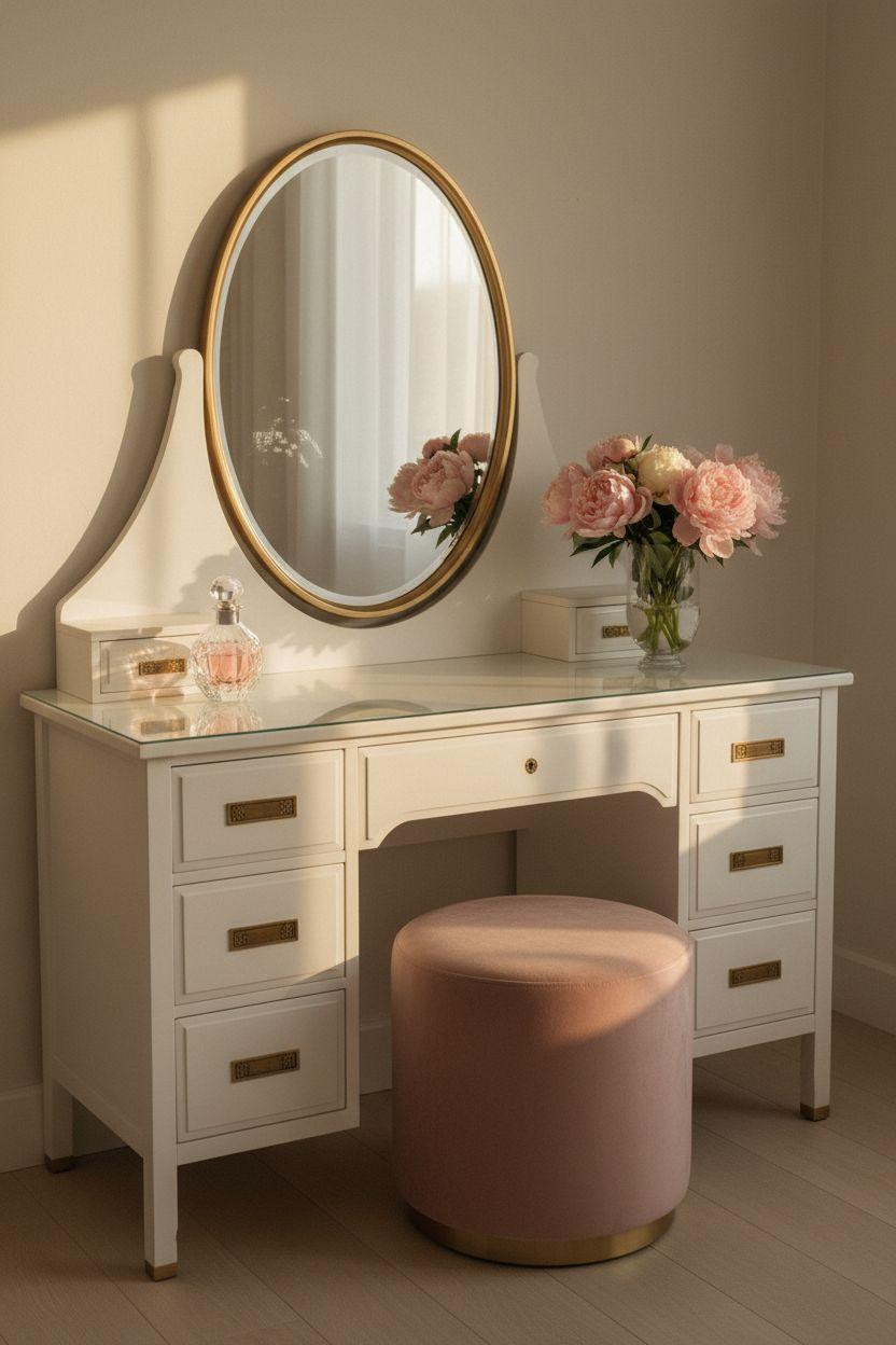 Vanity Ideas Bedroom - white lacquered vanity with oval mirror