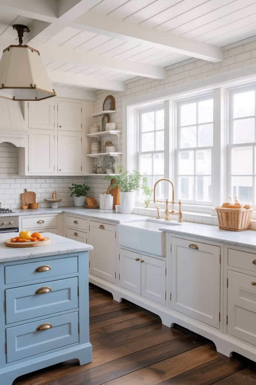 Bright white farmhouse kitchen with powder blue island, brass fixtures, and exposed ceiling beams creating a coastal cottage atmosphere