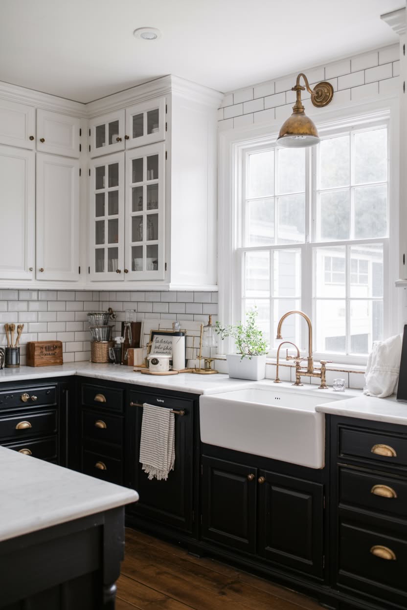 Rustic farmhouse kitchen with natural wood cabinets, white upper cabinets, exposed ceiling beams, and copper dome pendant lights