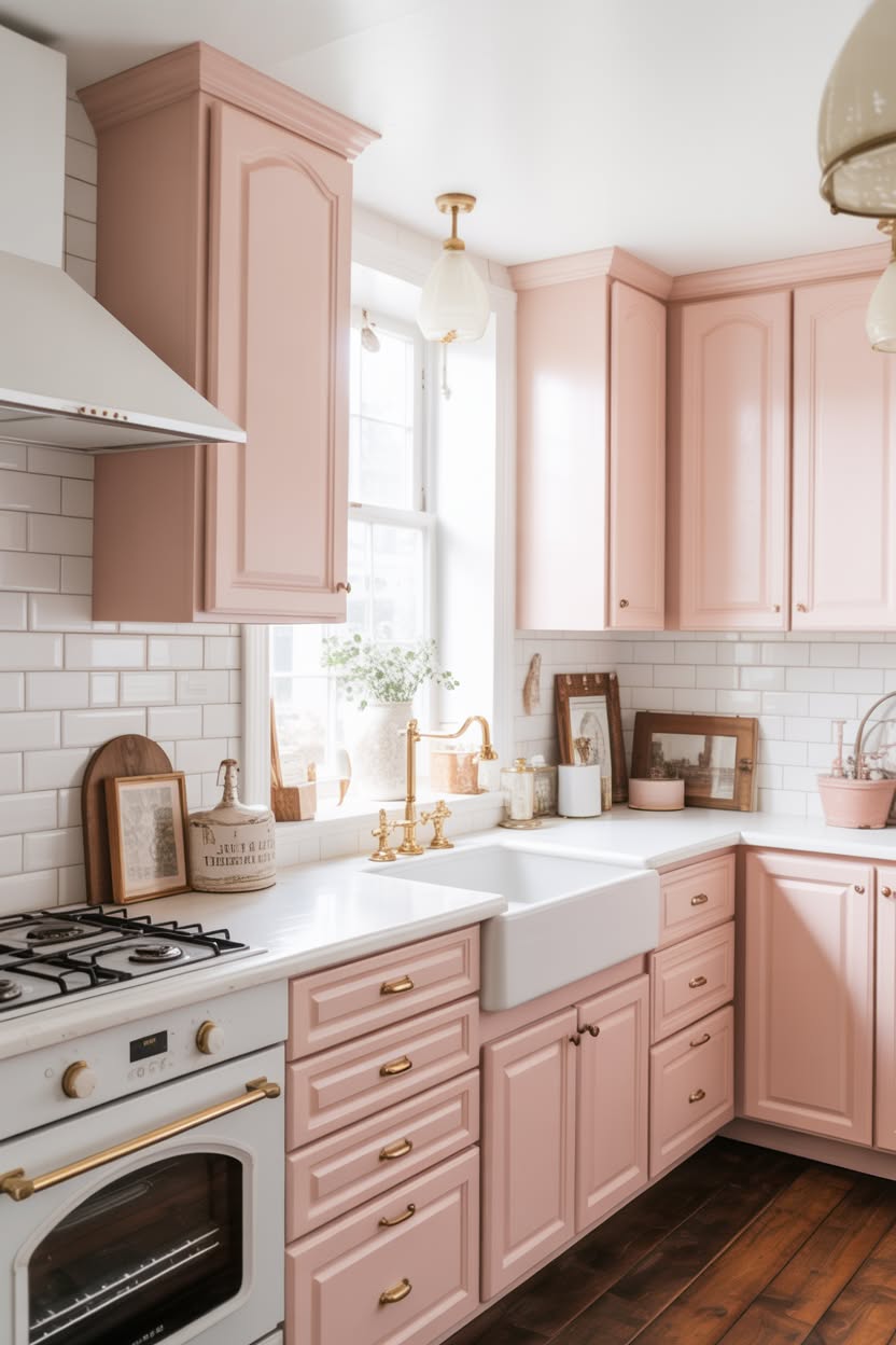 Bright yellow farmhouse kitchen with open shelving, vintage patterned tile backsplash, white farmhouse sink, and colorful dish collections