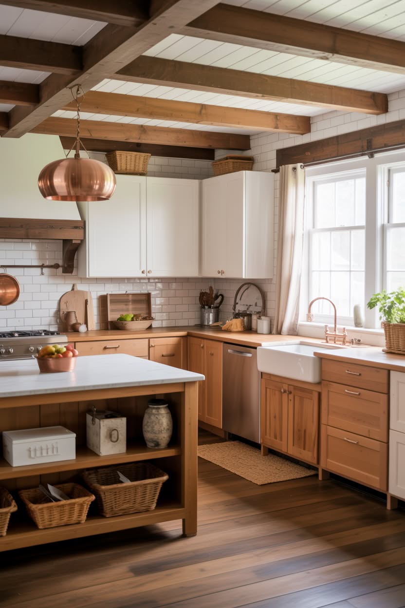 Modern farmhouse kitchen with charcoal gray cabinets, natural wood open shelving, white subway tile, and brass fixtures creating elegant contrast