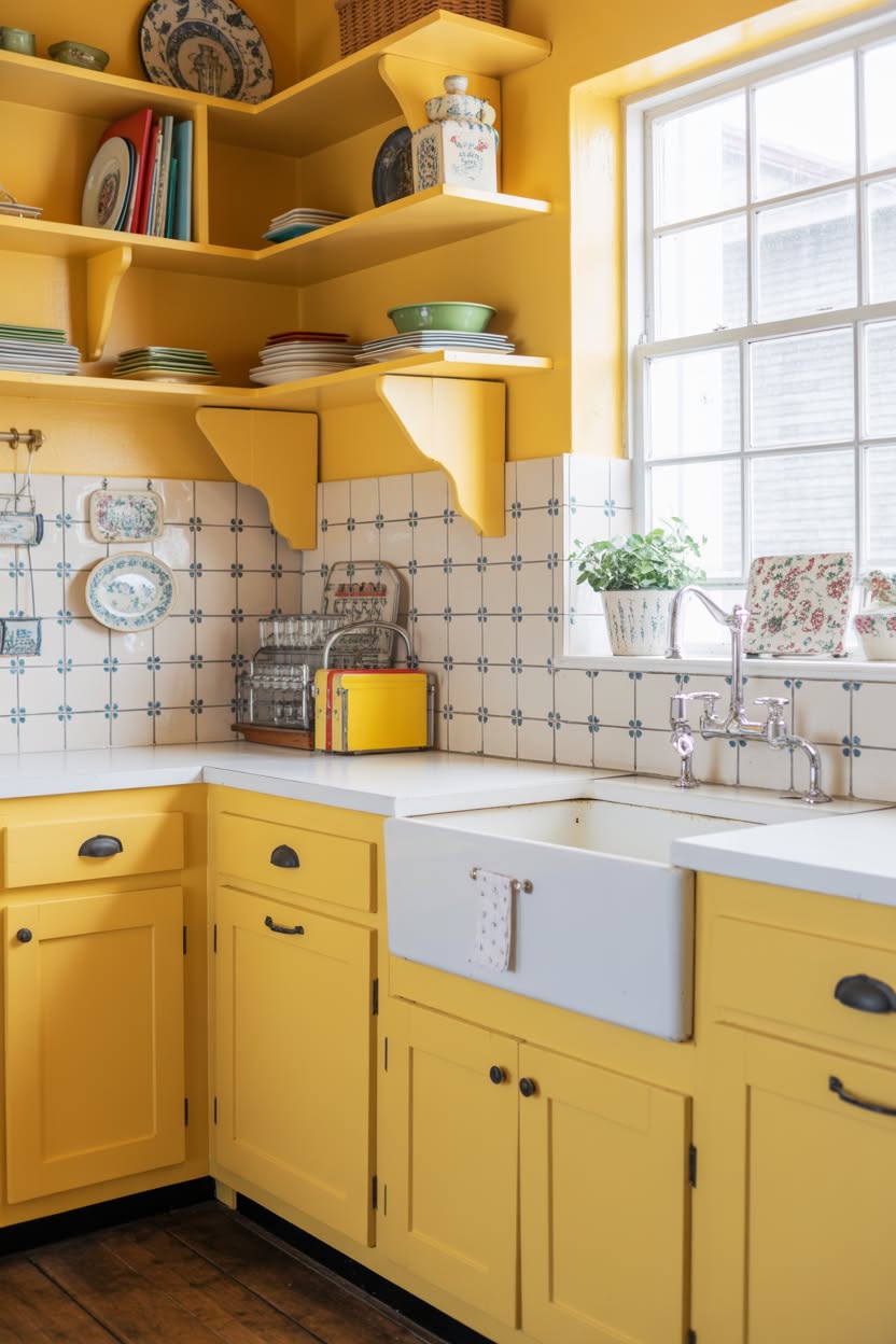 Traditional white farmhouse kitchen with exposed wooden ceiling beams, marble countertops, industrial pendant lights, and a central island