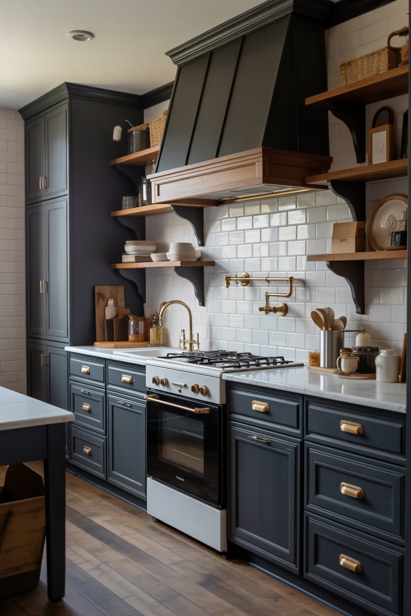Cottage kitchen with mint green cabinets, white subway tile, butcher block countertops, and charming curved open shelving brackets