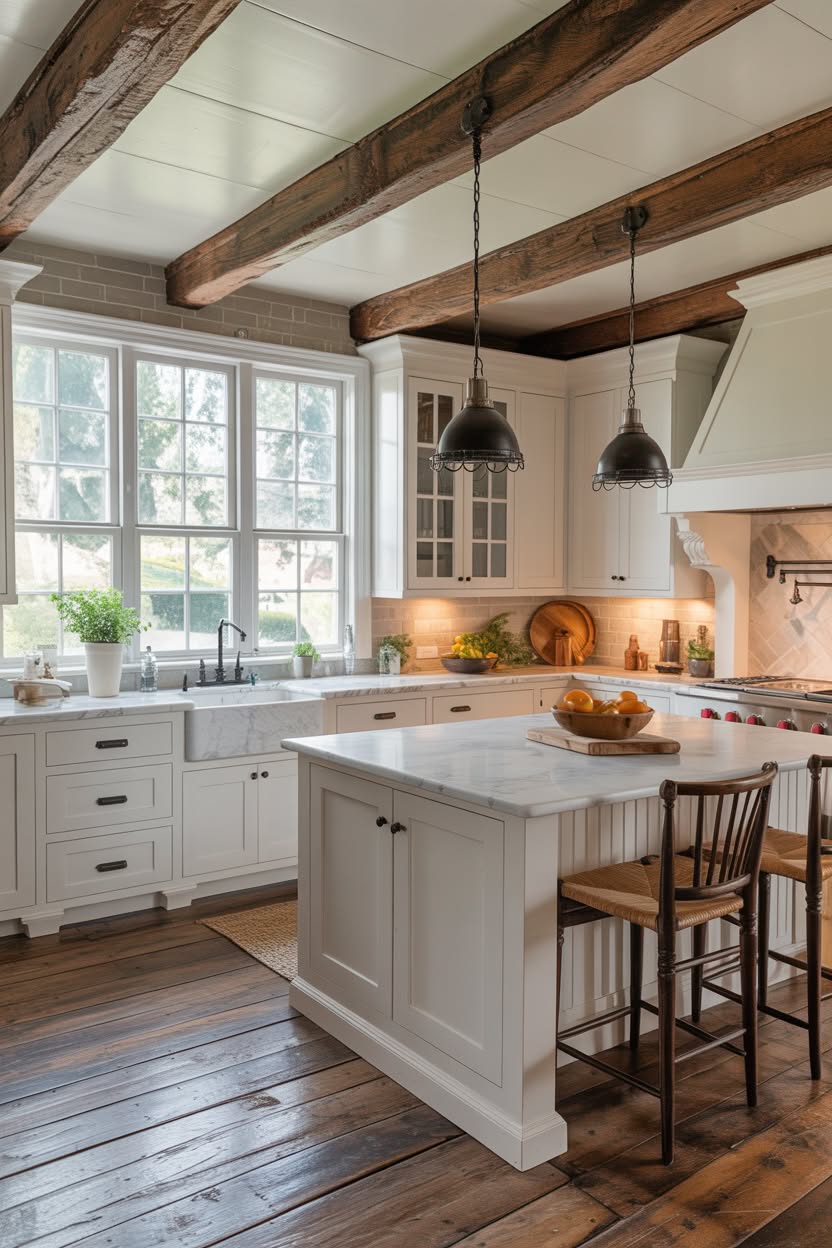 Warm farmhouse kitchen with honey oak cabinets, glass-front upper cabinets, white farmhouse sink, beadboard backsplash, and copper pendant light