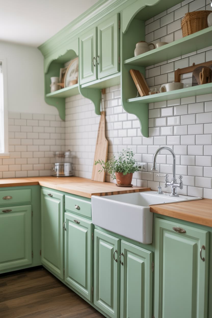 Coastal farmhouse kitchen with powder blue cabinets, white subway tile, curved open shelving, and a classic farmhouse sink beneath windows