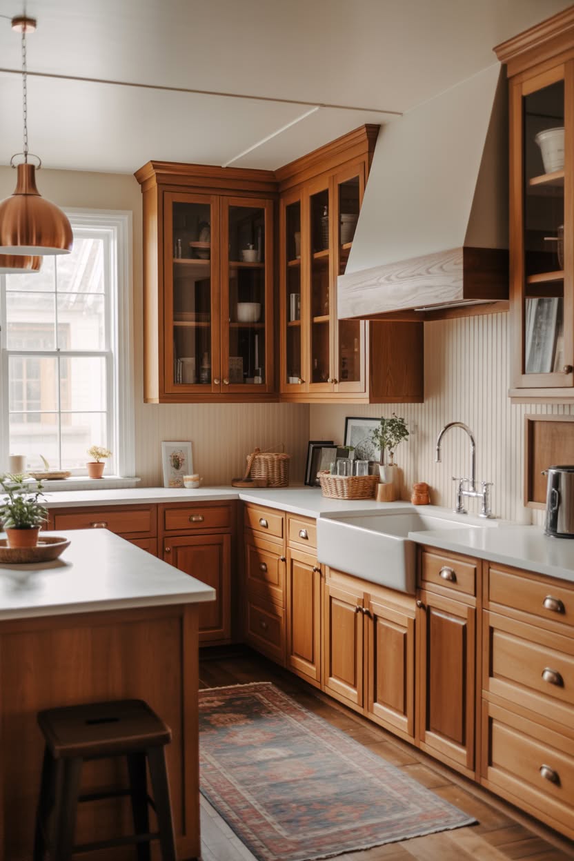 European farmhouse kitchen featuring natural oak lower cabinets, white upper cabinets, exposed brick wall with open shelving, and copper accents