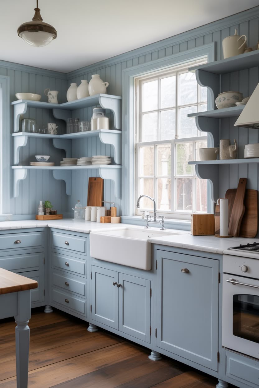 Elegant farmhouse kitchen with navy blue lower cabinets, white upper cabinets, butcher block countertops, and brass cup pulls