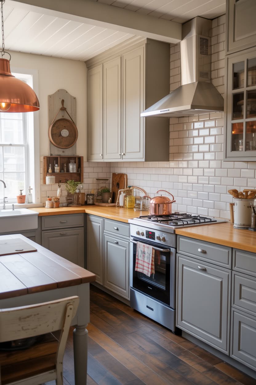 Warm farmhouse kitchen with cream shaker cabinets, beadboard backsplash, copper pendant lights, and natural wood open shelving