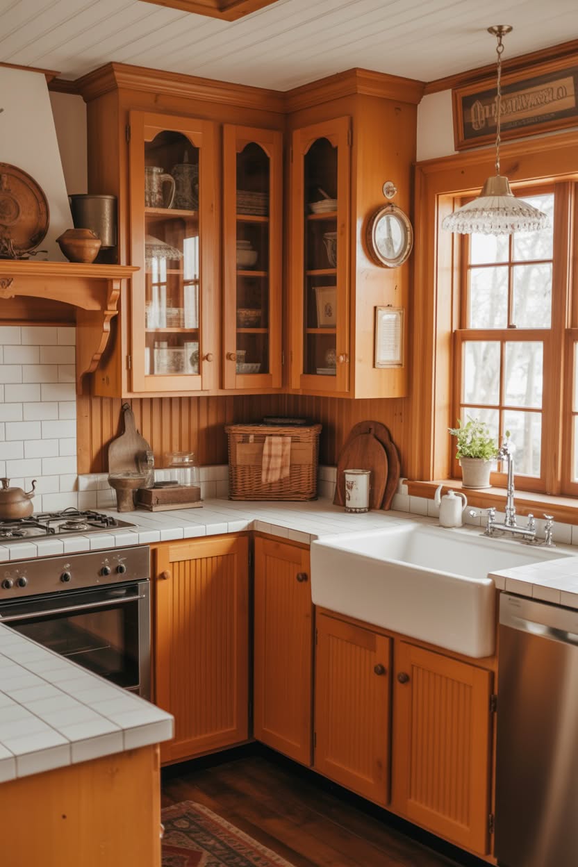 Traditional farmhouse kitchen with honey oak cabinets, white farmhouse sink, and arched glass-front upper cabinets displaying vintage dishware