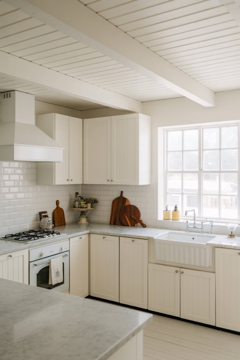 Cottage kitchen with sage green cabinets, white subway tile, natural wood open shelving, white range, and decorative open shelving