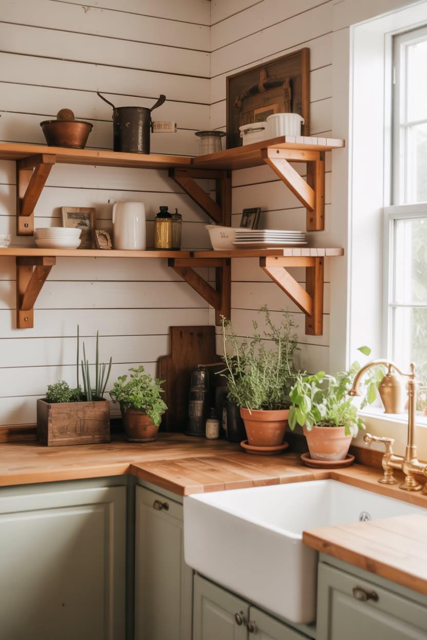 Serene farmhouse kitchen with gray-blue cabinets, white countertops, curved open shelving, and a classic farmhouse sink