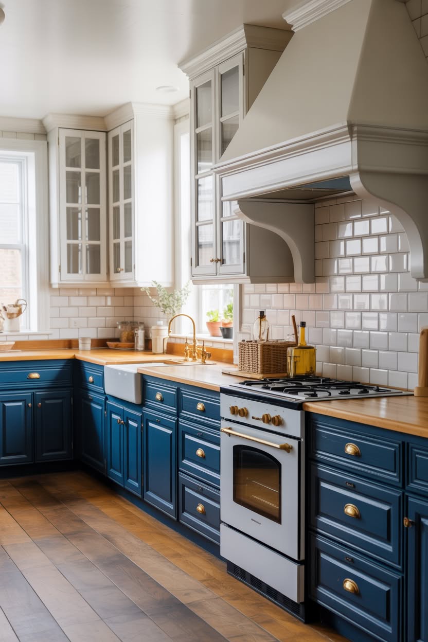 Farmhouse kitchen with soft gray cabinets, butcher block countertops, white subway tile, and copper pendant light fixture