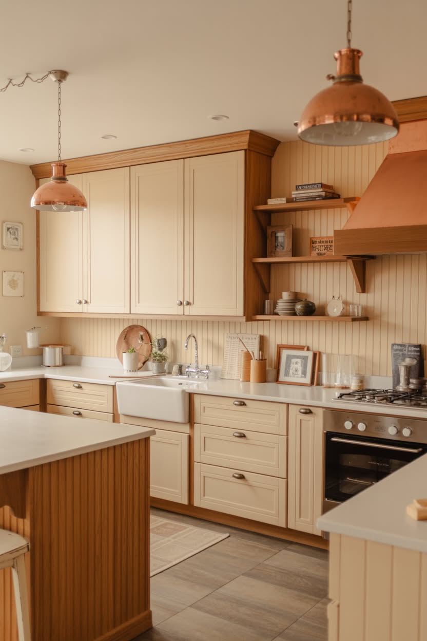 Sophisticated farmhouse kitchen with navy blue lower cabinets, white upper cabinets, butcher block countertops, and brass hardware