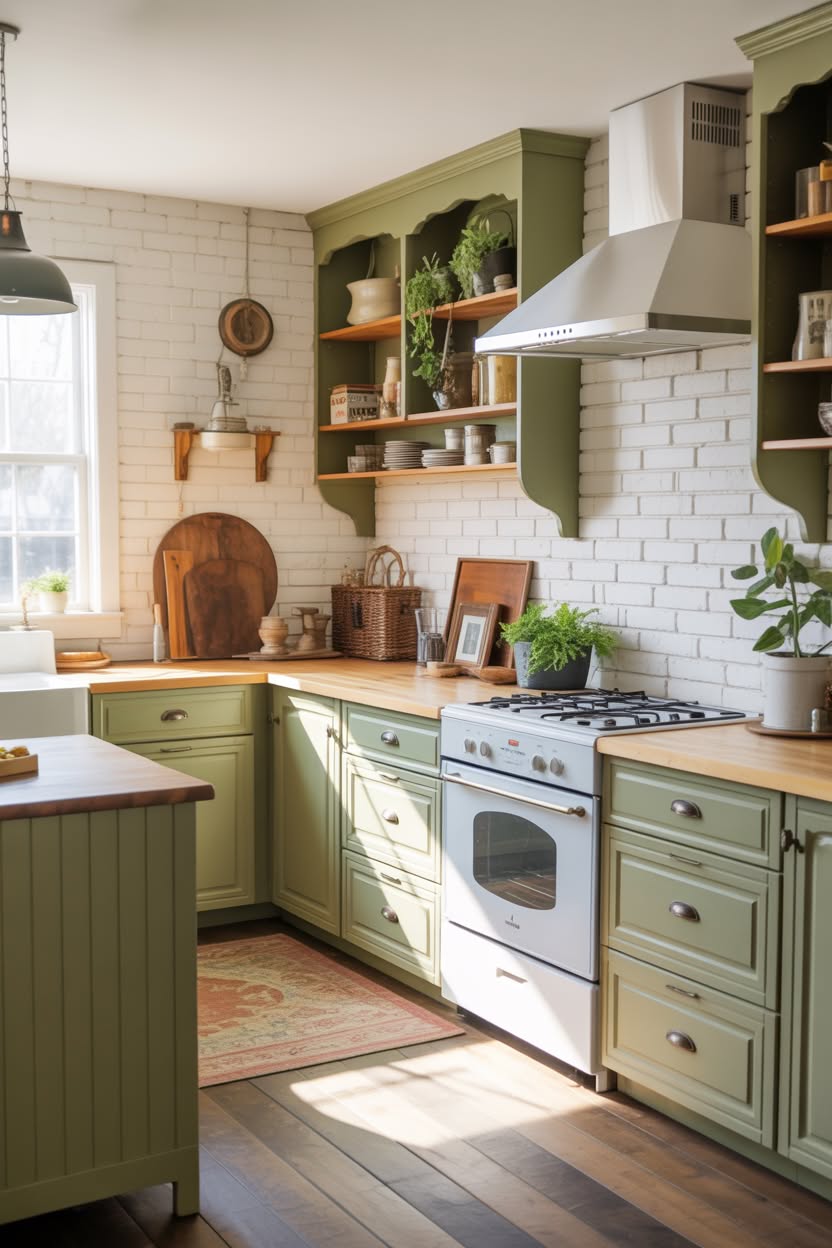Clean white farmhouse kitchen with shiplap walls, natural wood open shelving, white subway tile, and exposed ceiling beams
