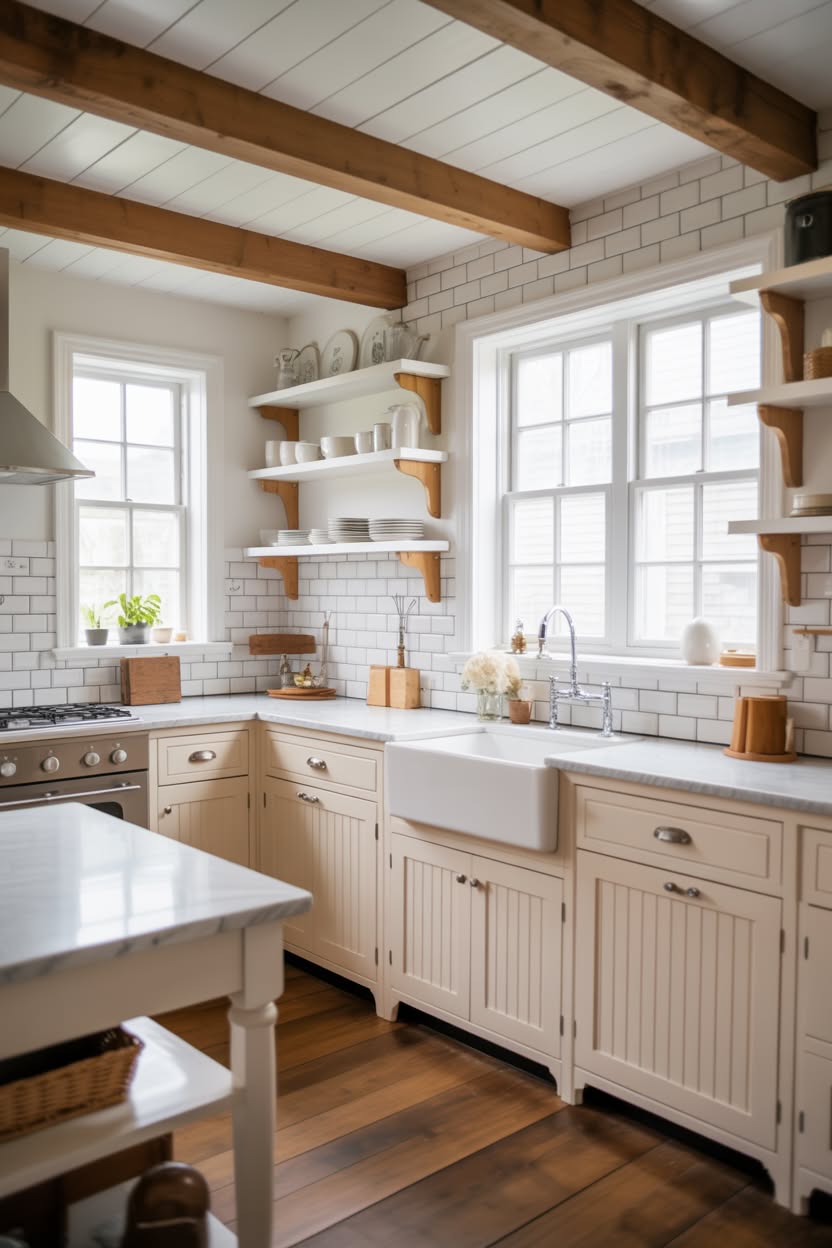 Rustic farmhouse kitchen with cream cabinets, natural wood open shelving, white shiplap walls, and potted herbs on butcher block countertops
