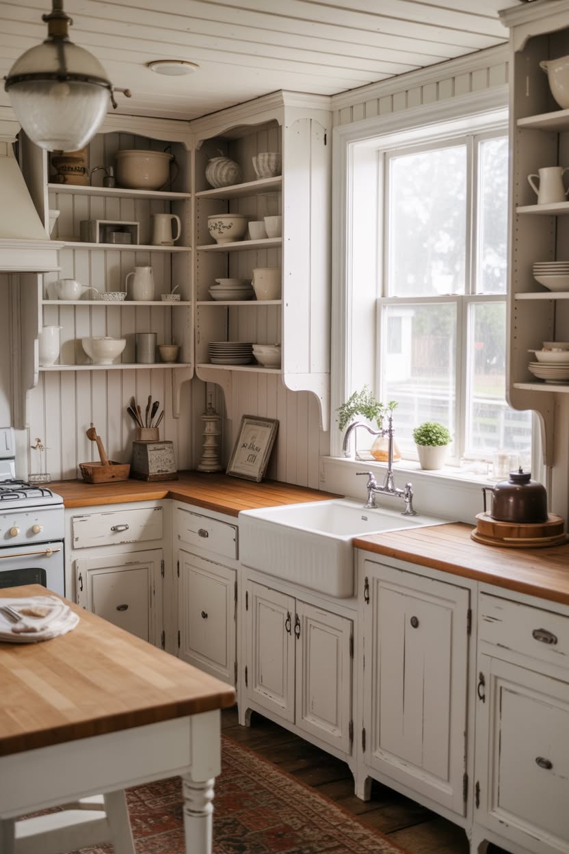Cottage kitchen with distressed cream cabinets, butcher block countertops, and open shelving displaying white dishes and vintage accessories