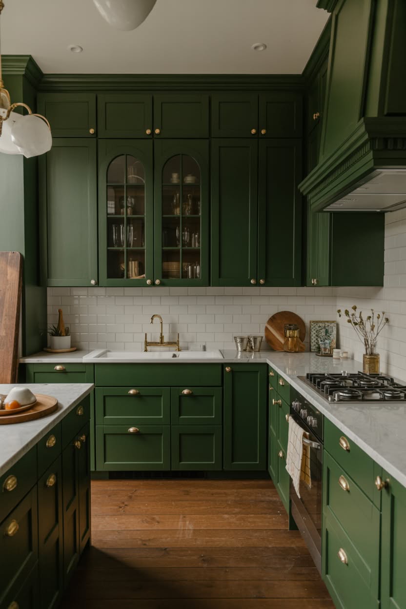 Modern farmhouse kitchen with deep forest green shaker cabinets, white subway tile backsplash, and elegant brass cup pulls and knobs
