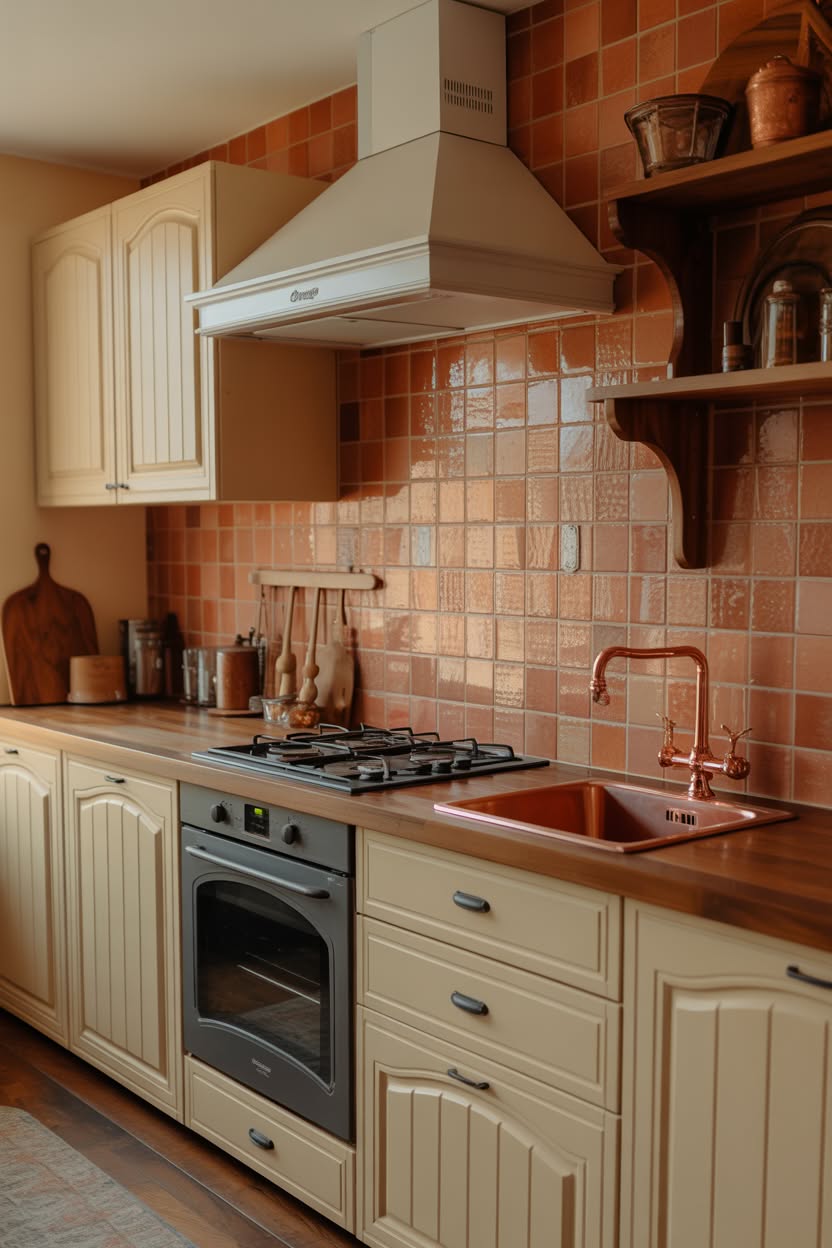 Unique farmhouse kitchen featuring peachy terracotta tile backsplash, cream cabinets with beadboard details, and copper sink with matching faucet