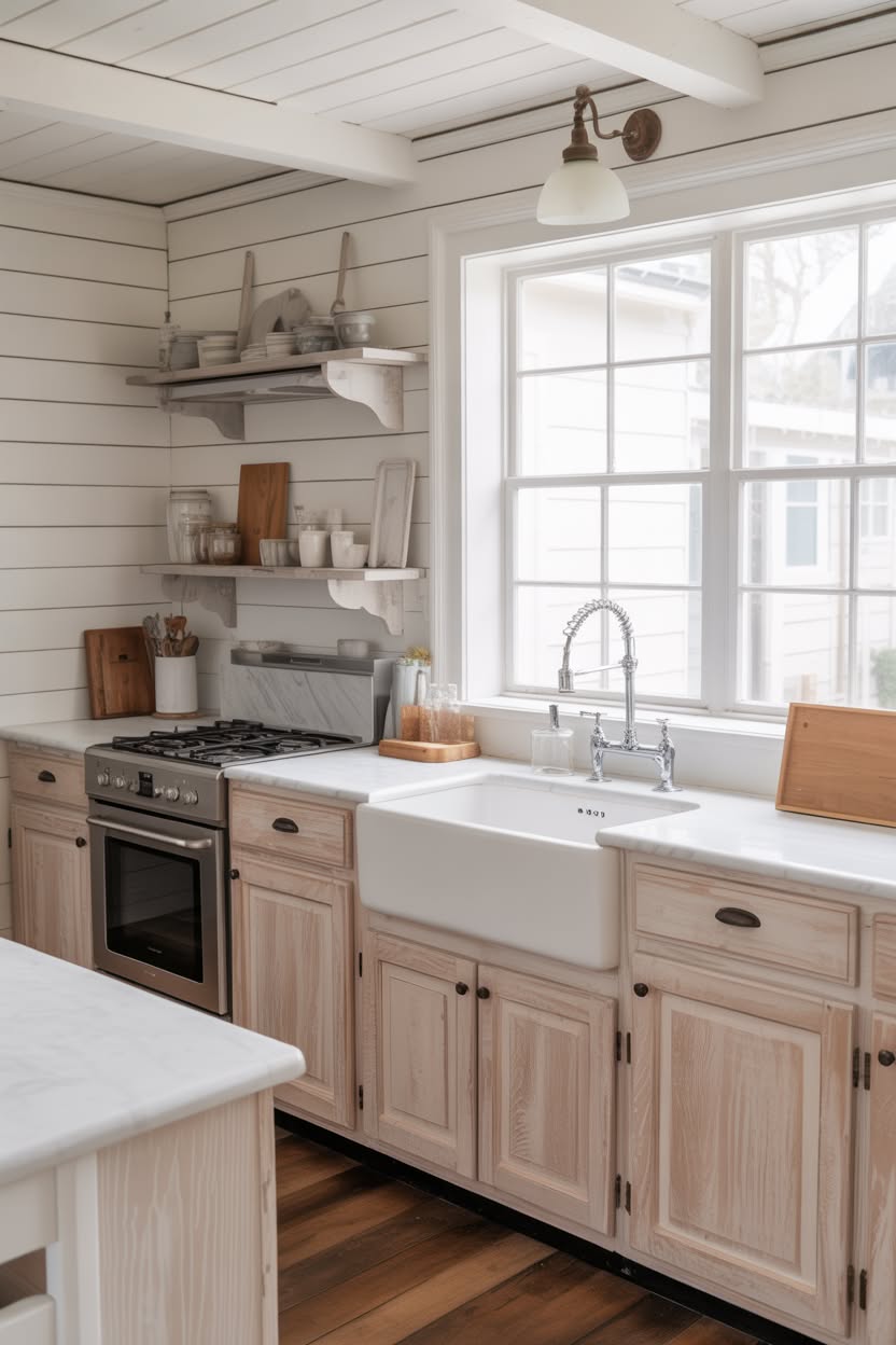 Bright white farmhouse kitchen with shiplap walls, natural wood open shelving, and a large farmhouse sink beneath a picture window
