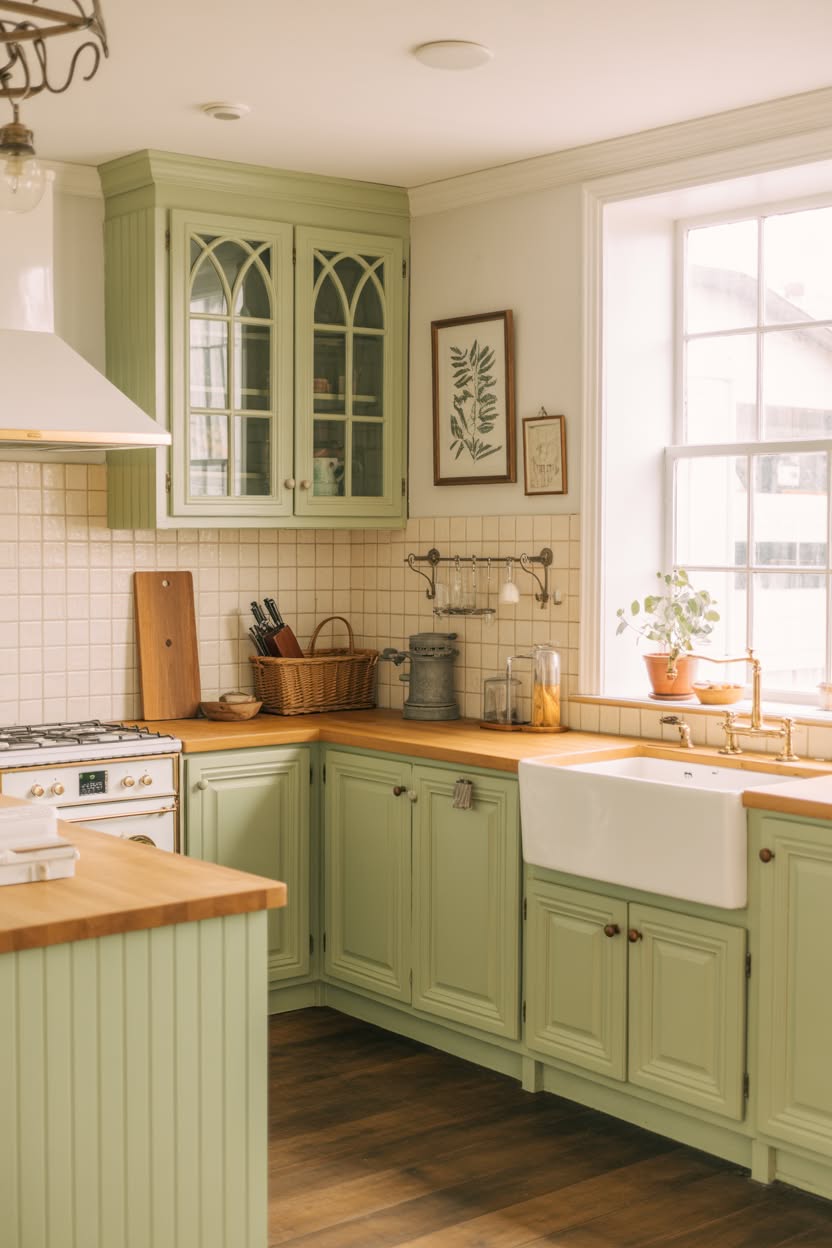 Soft sage green cottage kitchen with arched glass-front cabinets, butcher block countertops, and vintage botanical prints on the walls