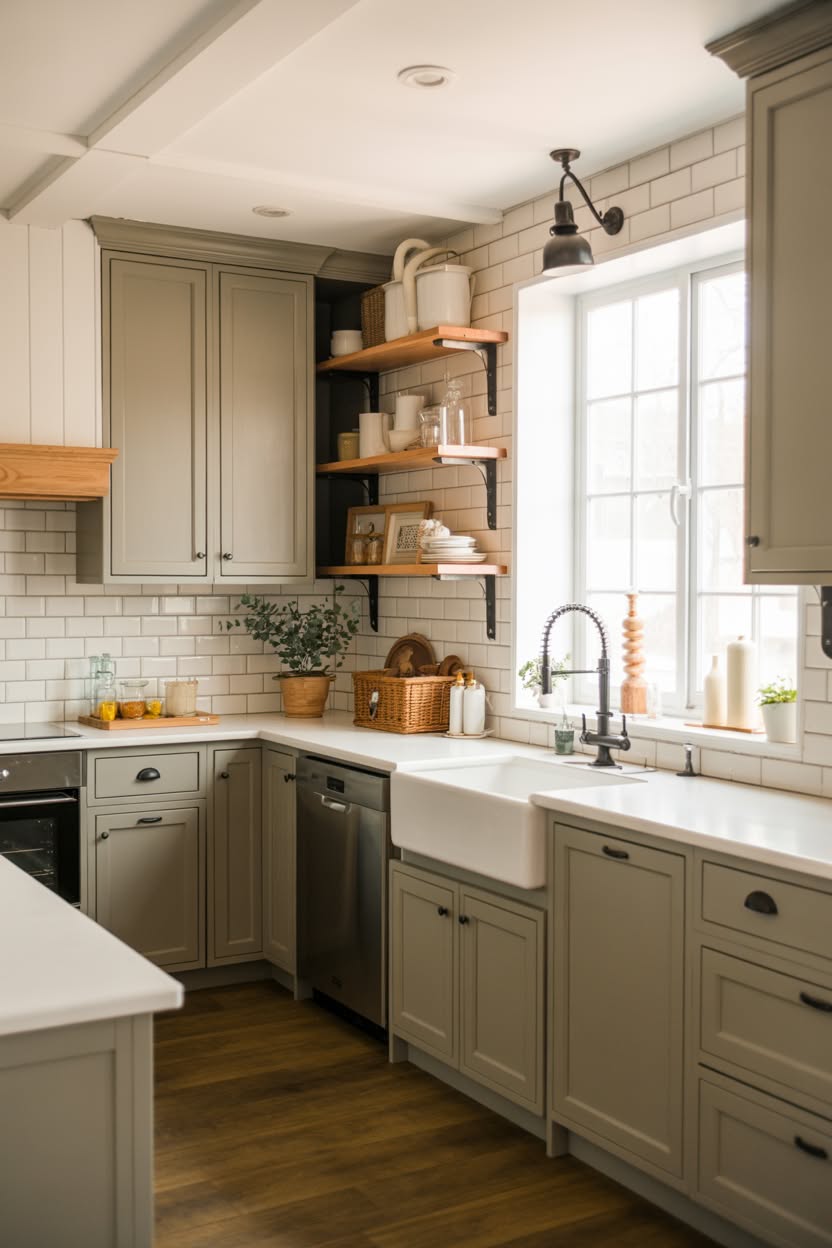 Romantic blush pink farmhouse kitchen with shaker cabinets, white subway tile, brass fixtures, and a farmhouse sink beneath a bright window