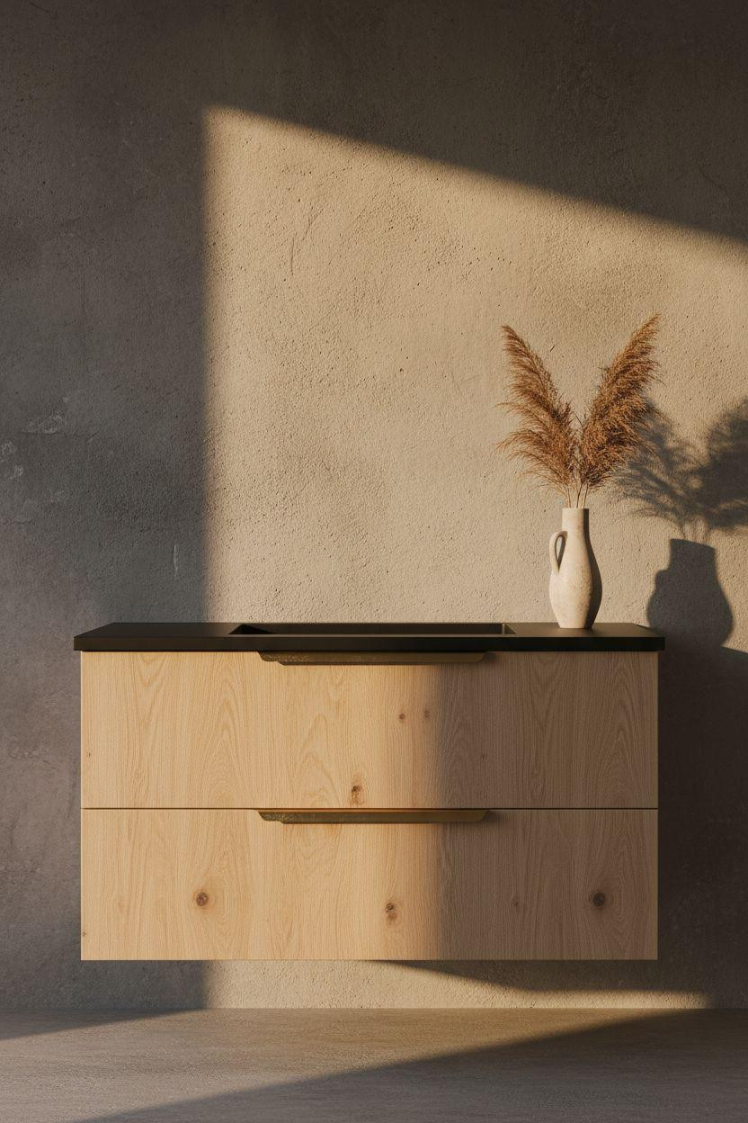 Vanity Ideas Bedroom - floating white oak minimalist vanity against concrete