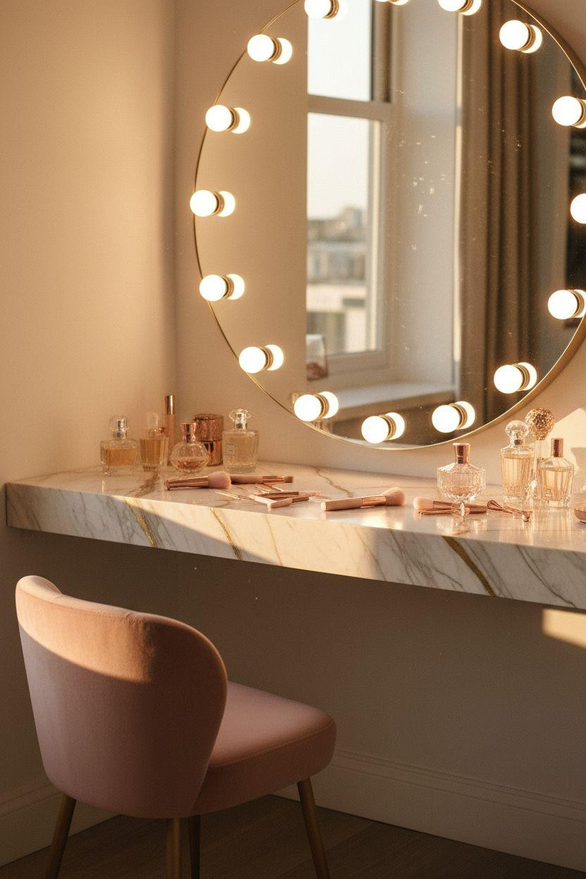 Vanity Ideas Bedroom - marble vanity with gold veining and Hollywood mirror