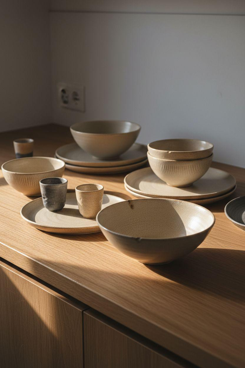 japandi kitchen design with handcrafted ceramic dishware