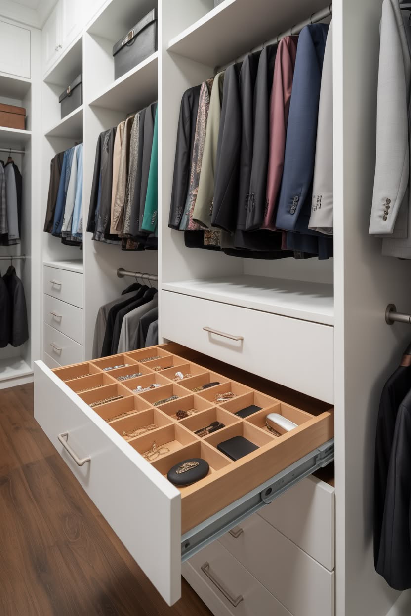 White walk-in closet with pull-out jewelry drawer featuring compartments
