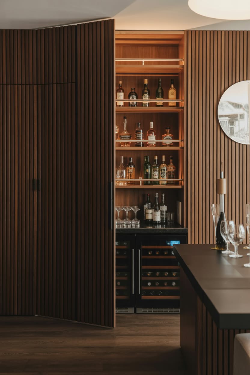 Dining room with dark wood slat wall opening to reveal hidden bar with wine storage