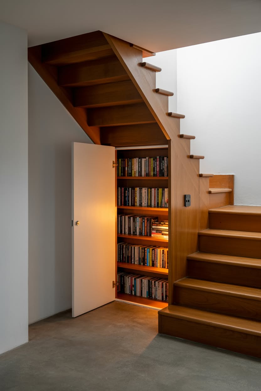 Wooden staircase with hidden door underneath revealing built-in bookshelf storage